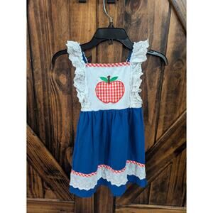 APPLE Dress Girls Sz 4 Sleeveless Blue Red and White applique lace ruffles EUC